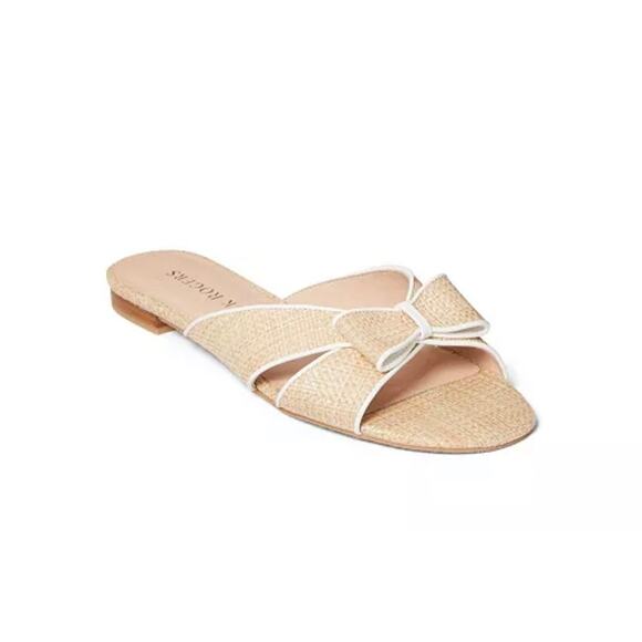 Jack Rogers Tan Rattan Woven White Trimmed Sandals Show Gigi Bow Slide EUC 10 - Picture 1 of 8